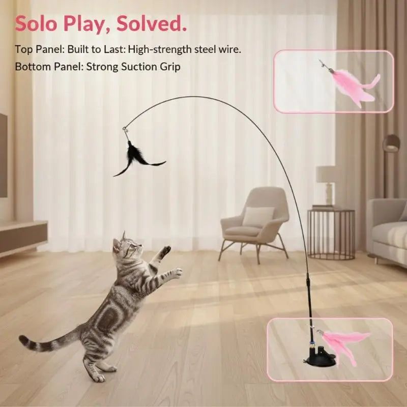 Hands-Free Suction Cup Cat Feather Wand Interactive Toy