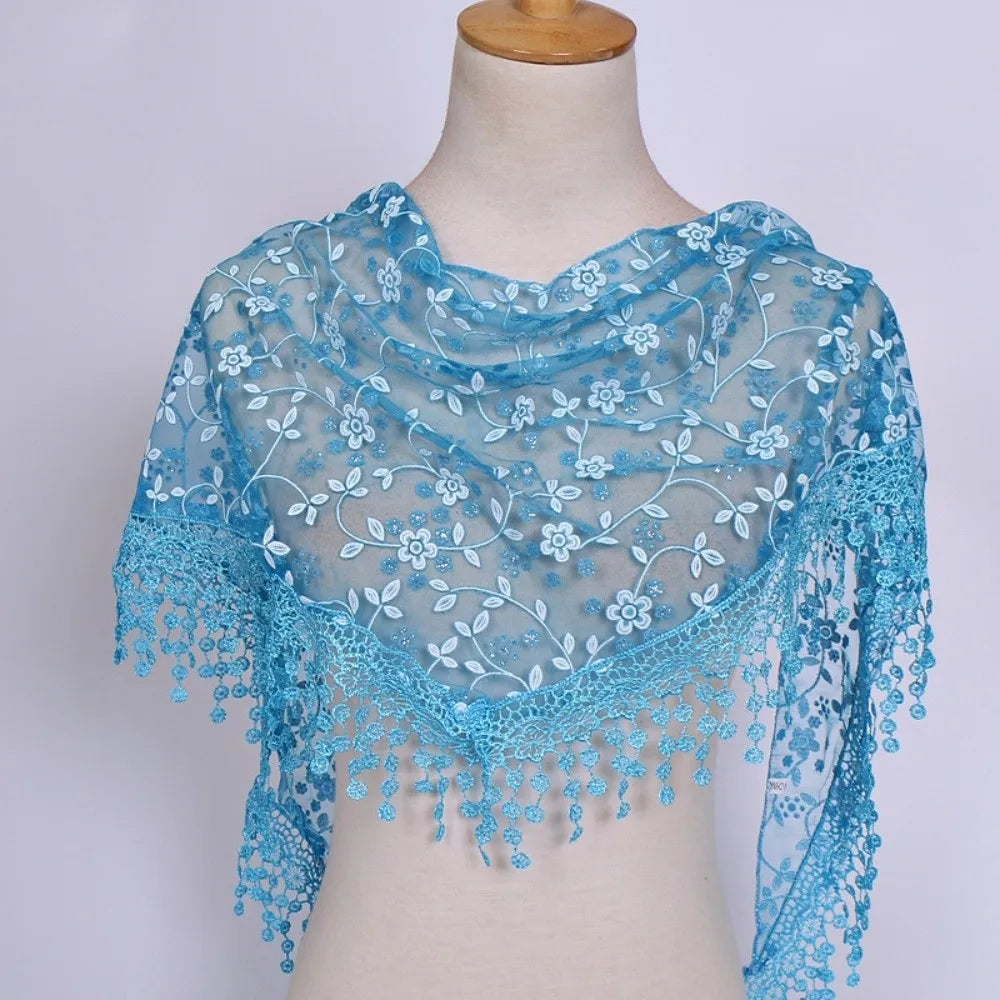 Women's Triangle Lace Veil Headscarf – Floral Sequined Scarf
