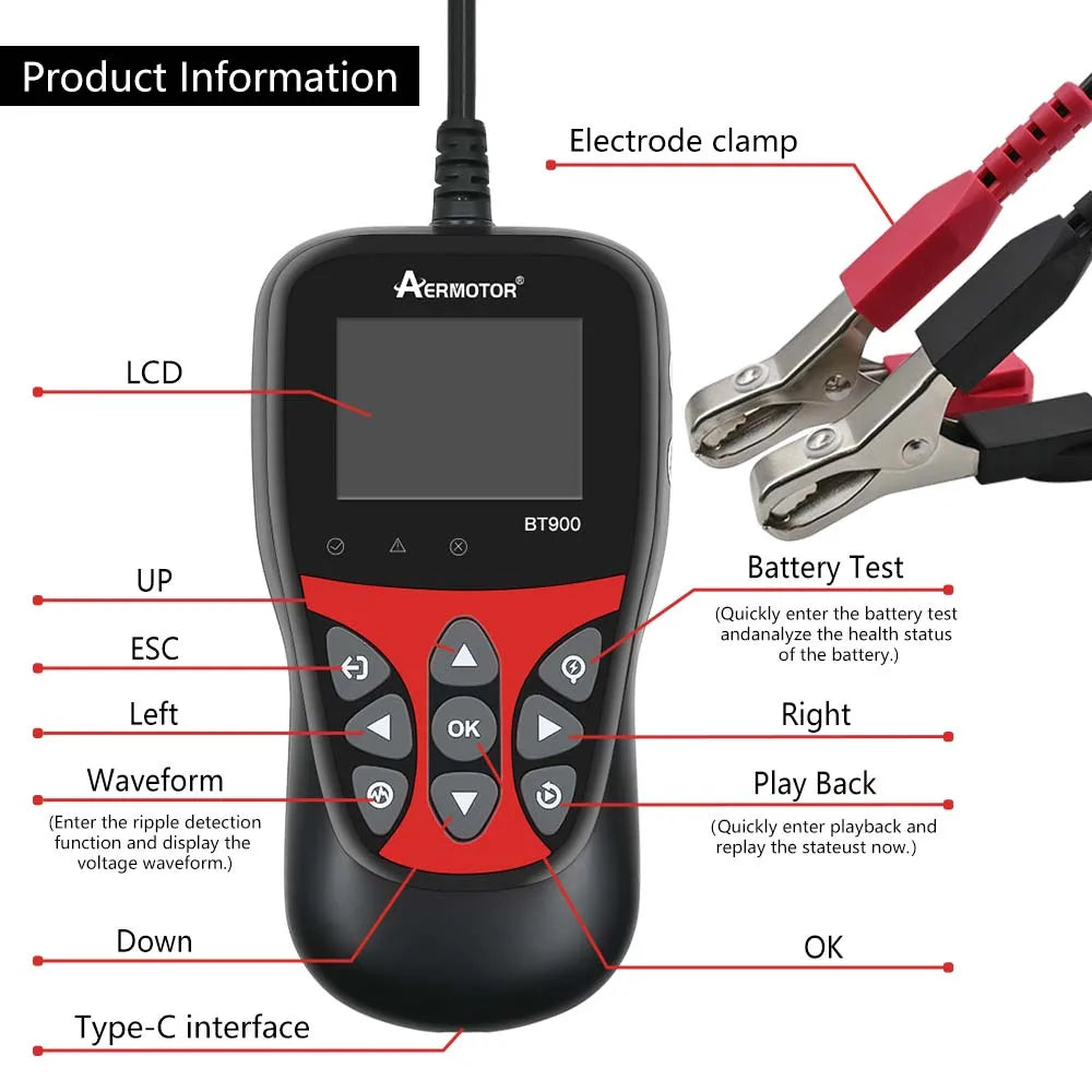 AER BT900 6V/12V Car Battery Tester & Analyzer | AERMOTOR