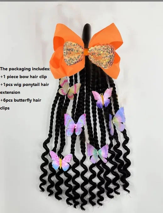 Kid Ponytail Braid Hair Extensions with Curly Ends - Elastic with Butter/ Dreadlock Hair Beads- Protective Hairstyle Detachable Peaceful Pleasures Health and Wellness Butterfly orange