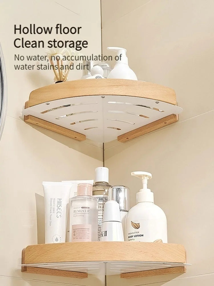 Wood & Aluminum Corner Shower Shelf | Bathroom Wall Organizer