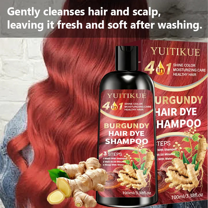 YUITIKUE 4 IN 1 Burgundy Hair Dye Shampoo Natural Ginger Herbal Long Lasting Moisturizing Hair Color Shampoo 100ml Peaceful Pleasures Health and Wellness