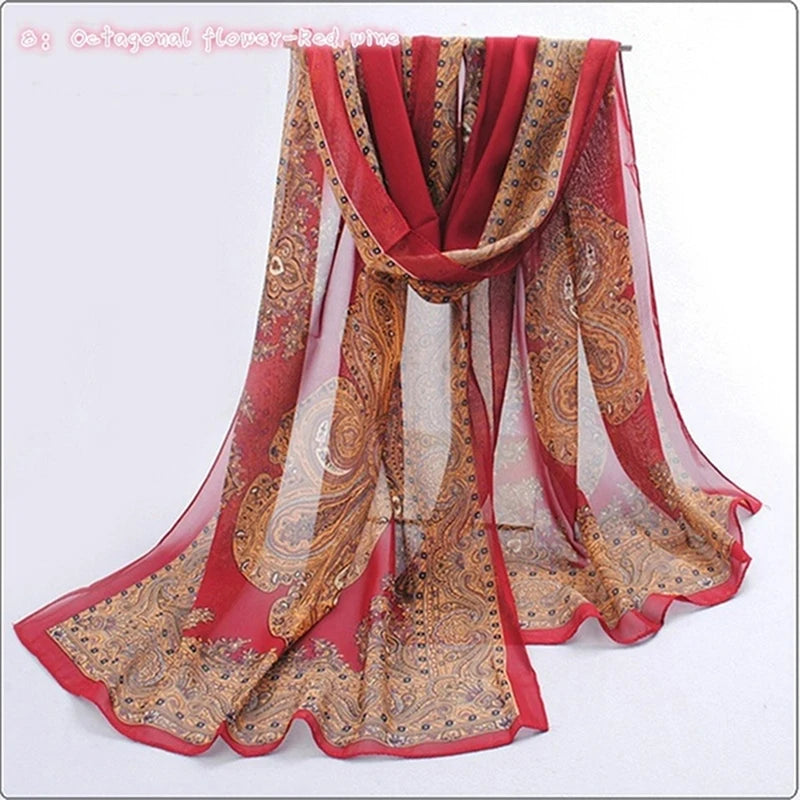 Women Chiffon Scarf Fashion Leisure Butterflies Branch Pattern Long Shawl Versatile Elegant Minimalist Retro Female Scarves Peaceful Pleasures Health and Wellness Octagonal Red 1 One Size