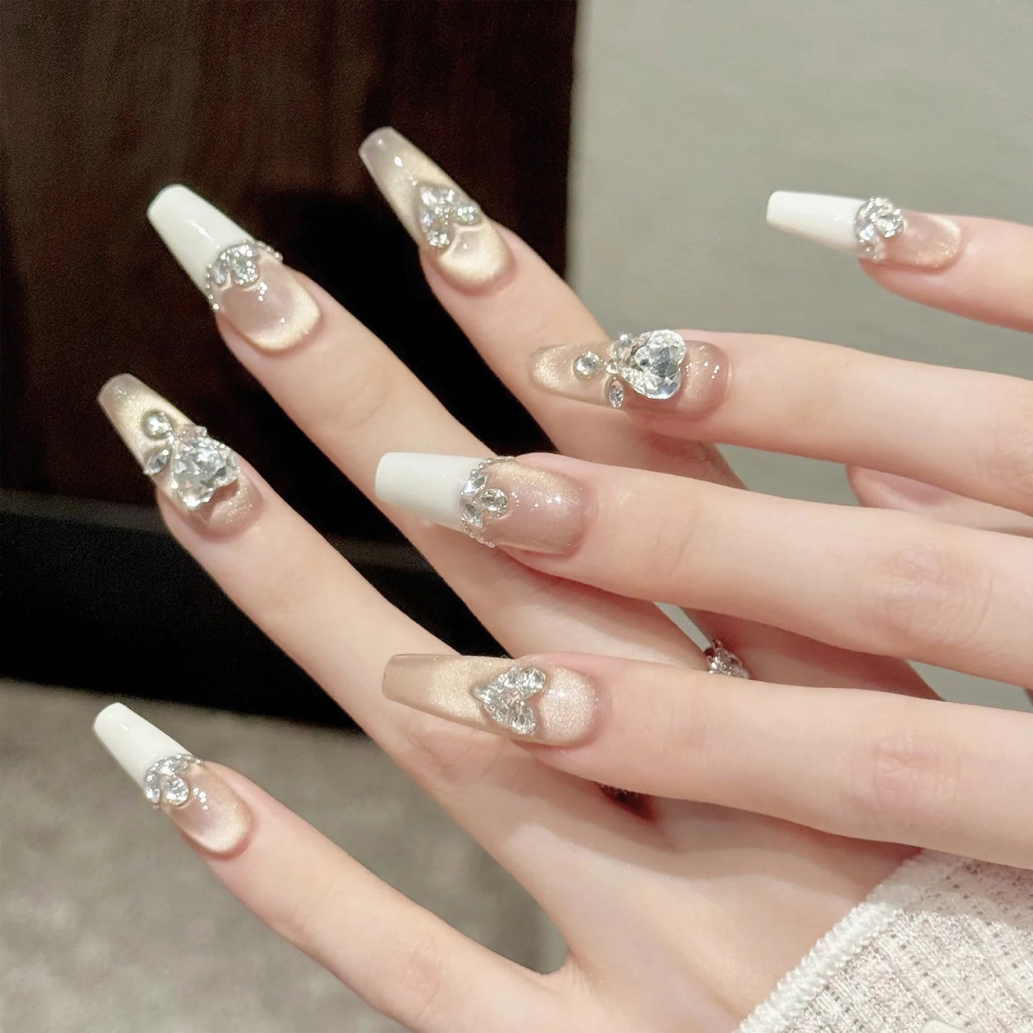 10pcs Handmade Light Luxury Press on Nails French Golden Cat's Eye False Nails Wearable Charming Love Diamond Decor Fake Nails Peaceful Pleasures Health and Wellness
