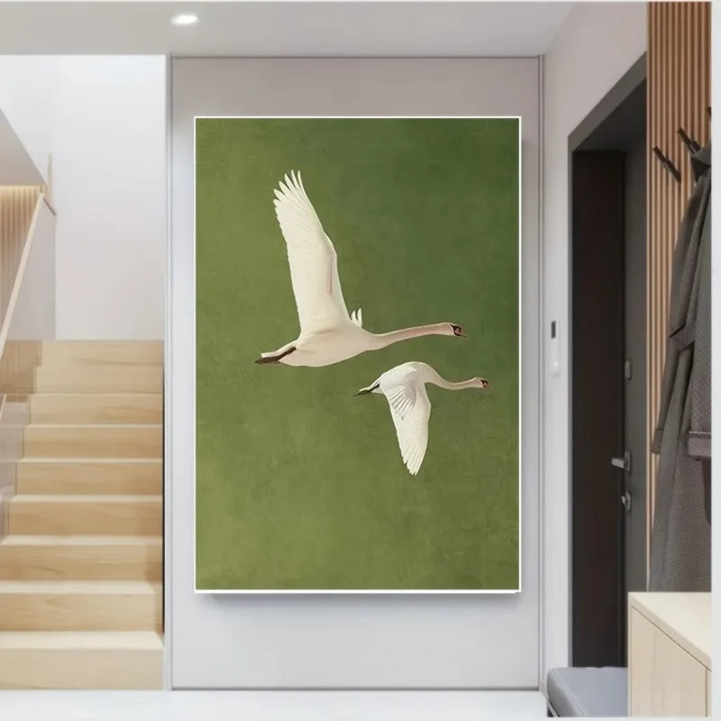 Two Flying Swans Realistic Feather Texture, Green Background Modern Wall Decor for Living Room, Office, Dining Area | Frameless Peaceful Pleasures Health and Wellness