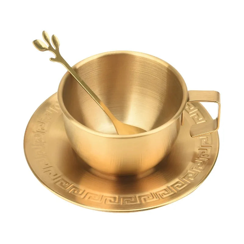 Hot 250ML Stainless Steel Small Cup with Handle Double Layer Hot Resistant Water Coffee Tea Cup Set with Plate and Spoon Cup Peaceful Pleasures Health and Wellness
