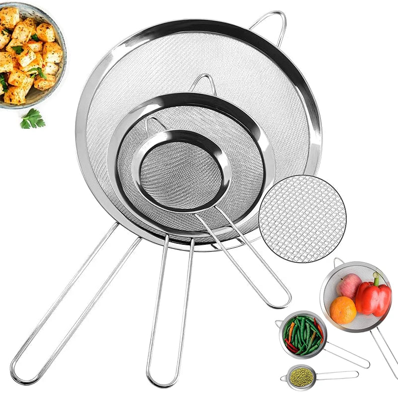 3-Piece Stainless Steel Mesh Strainer Set | Small Medium Large Kitchen Mesh Strainer Set Peaceful Pleasures Health and Wellness
