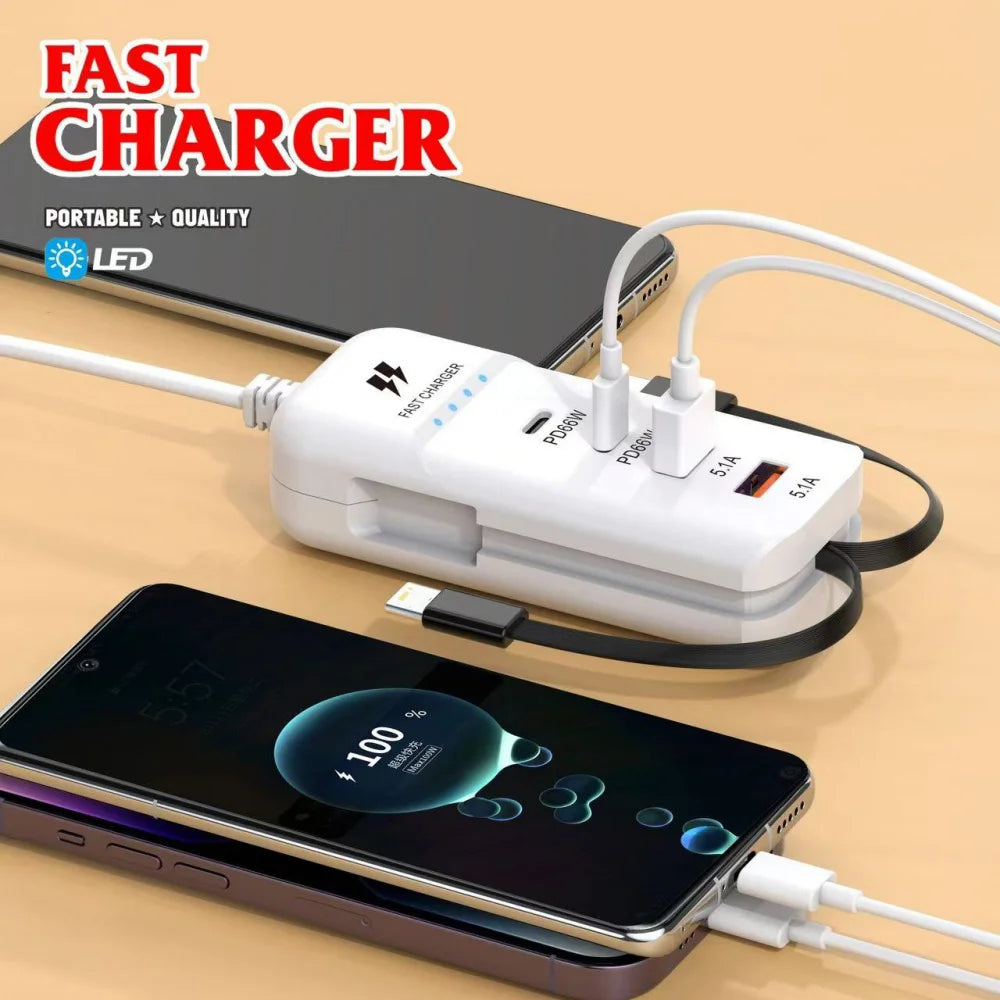 66W USB-C Fast Charger Station PD QC3.0 | 4-Port Wall Charger