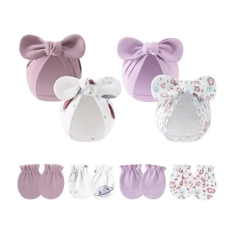 Baby Cotton Bonnet Hat & Scratch Mittens 4-Set | 0–6 Months Baby Hat & Mittens Set Peaceful Pleasures Health and Wellness SETC China Mainland