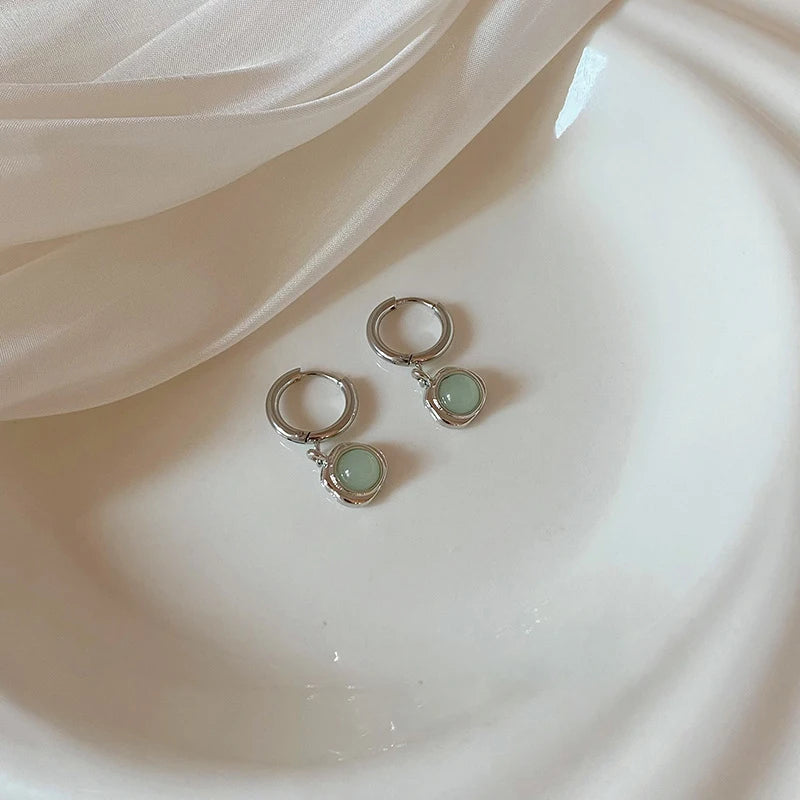 Mint Green Cat's Eye Stone Pendant Ear Buckles with Cool Light Luxury High-end Feel Earrings Retro Exquisite and Simple Earrings Peaceful Pleasures Health and Wellness Silver