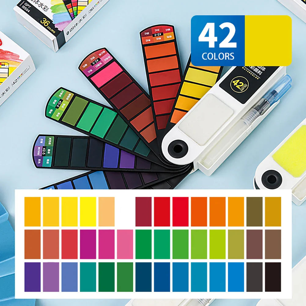 Fan-Shaped Solid Watercolor Set 18/24/36/42 Colors + Brush Pen