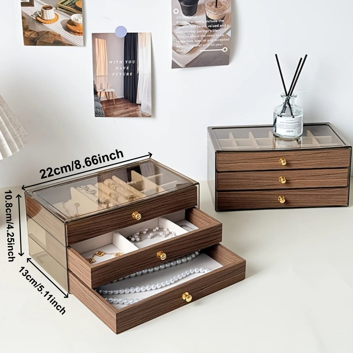 3-Layer Jewelry Box Organizer | Glass Window & Olive Green Leather