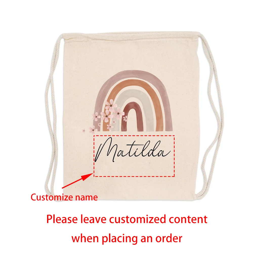 Personalized Kids Rainbow Drawstring Gym Bag | Custom Name Gift Kids Drawstring Backpack Peaceful Pleasures Health and Wellness Personalized Bag 1pcs 34x43cm