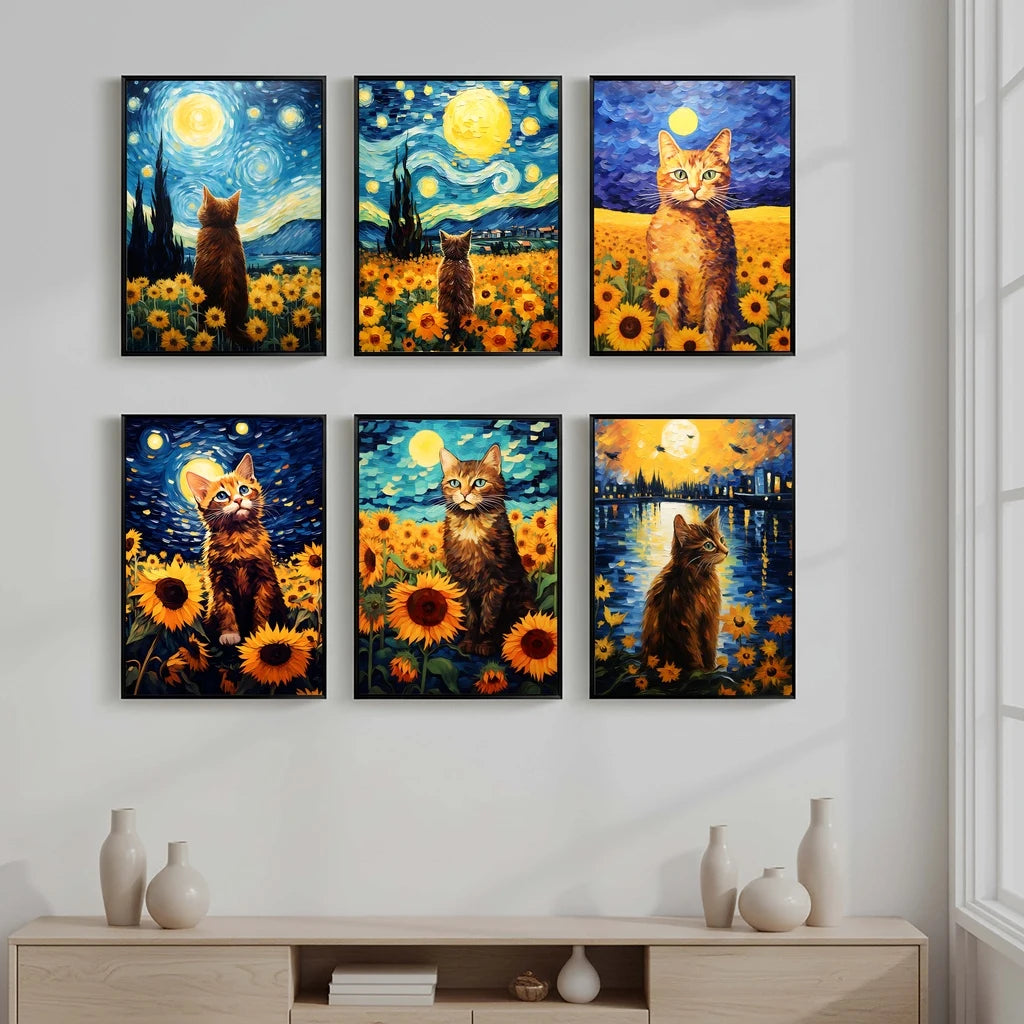 Nordic Wall Art Cat Sunflowers Wall Art Van Gogh Style Canvas Painting Modern Style Poster Prints Bedroom Living Room Wall Decor Peaceful Pleasures Health and Wellness