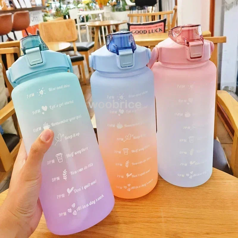 2L Motivational Sports Water Bottle with Time Marker & Straw