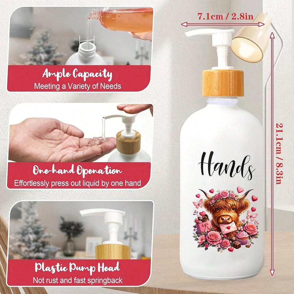 2Pcs Valentine's Day Soap Dispenser with Tray Highland Cow Dishes and Hands Dispenser with Pump 16 Oz Refillable Liquid Soap Peaceful Pleasures Health and Wellness