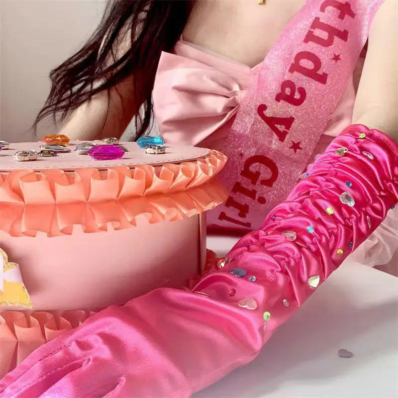 Women's Satin Rhinestone Long Gloves – Elegant Lolita Party