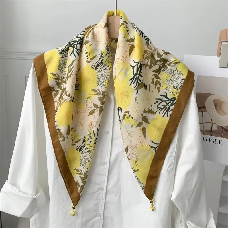 70x70 Retro Print Square Silk Scarf with Magnetic Buckle