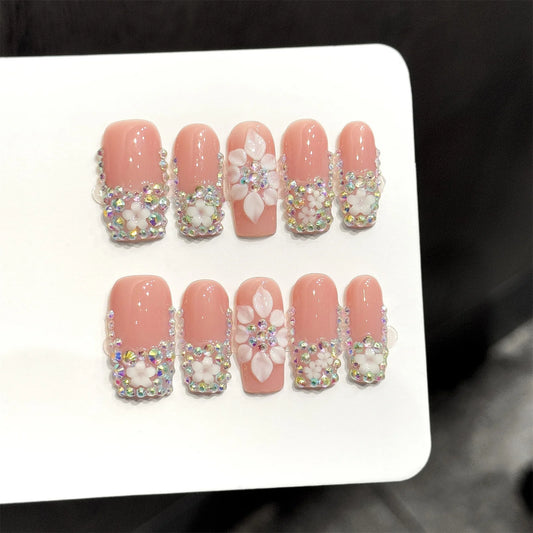 Handmade Press On Nails Nude Pink False Nails 3D Carved Flowers Rhinestones Design Long Square Fake Nails For Party Women 10pcs Peaceful Pleasures Health and Wellness