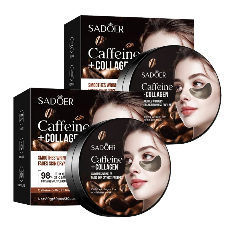 60pcs SADOER Caffeine Crystal Collagen Eye Mask Anti Dark Circles Ant -Aging Anti Wrinkles Moisturizing Eye Patches Skin Care Peaceful Pleasures Health and Wellness Coffee 2pcs