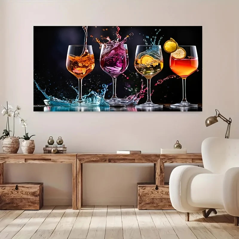 1pc Vibrant Wine & Cocktail Glasses Canvas Art, Frameless Modern Wall Decor for Living Room, Colorful Splash Design Room Decor Peaceful Pleasures Health and Wellness