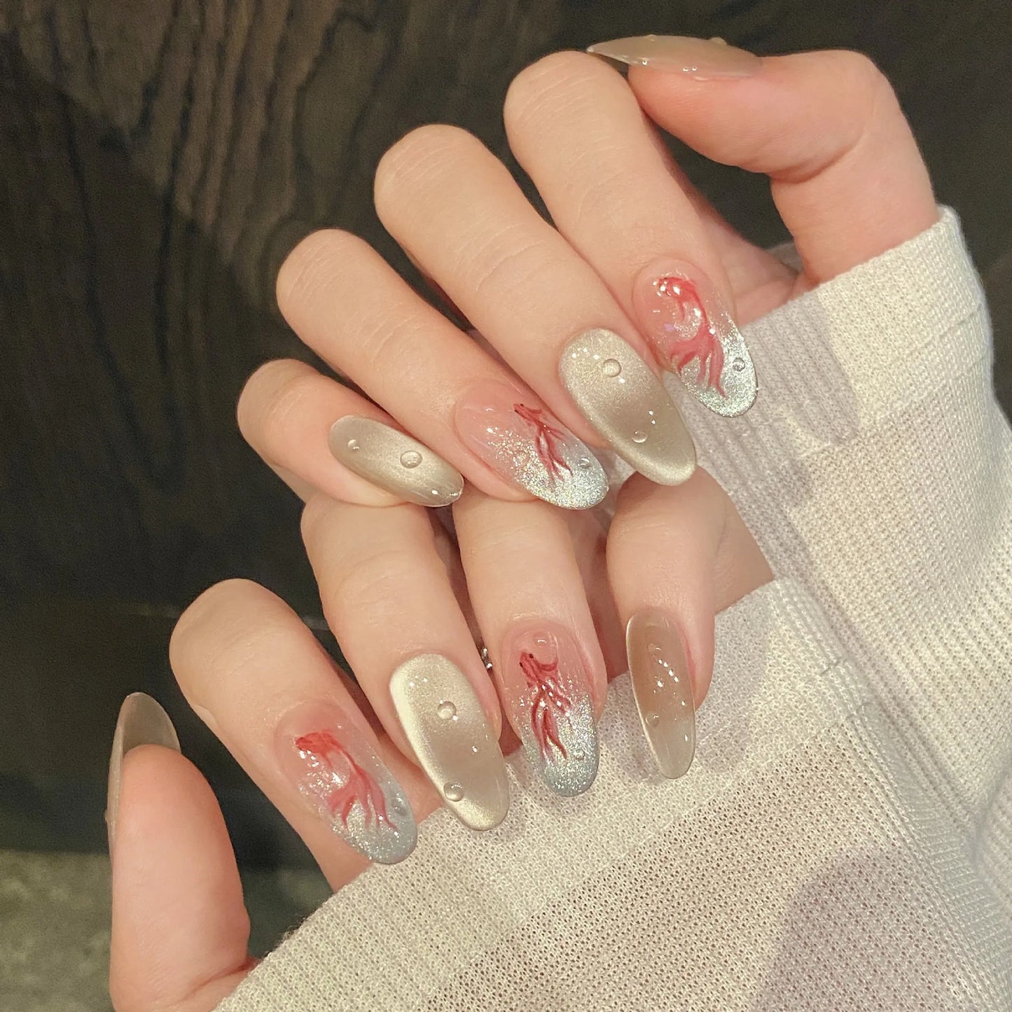 10pcs Handmade Cat Eye Press on Nails Good Luck Goldfish Print Fake Nails Tips for Women Girl Wearable Chinese Style False Nails Peaceful Pleasures Health and Wellness