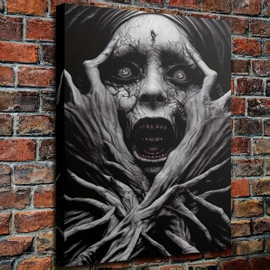 Frameless Canvas Painting - Eerie Distorted Face & Creepy Hands Horror Art, Surrealist Gothic Wall Decor for Halloween Display Peaceful Pleasures Health and Wellness