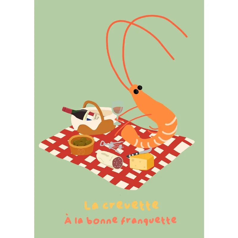 Abstract Kitchen Food Funny Cowboy Shrimp Picnic Cartoon Illustration Poster Canvas Painting Wall Art Pictures Home Decor Peaceful Pleasures Health and Wellness 4 40x50cm Unframed