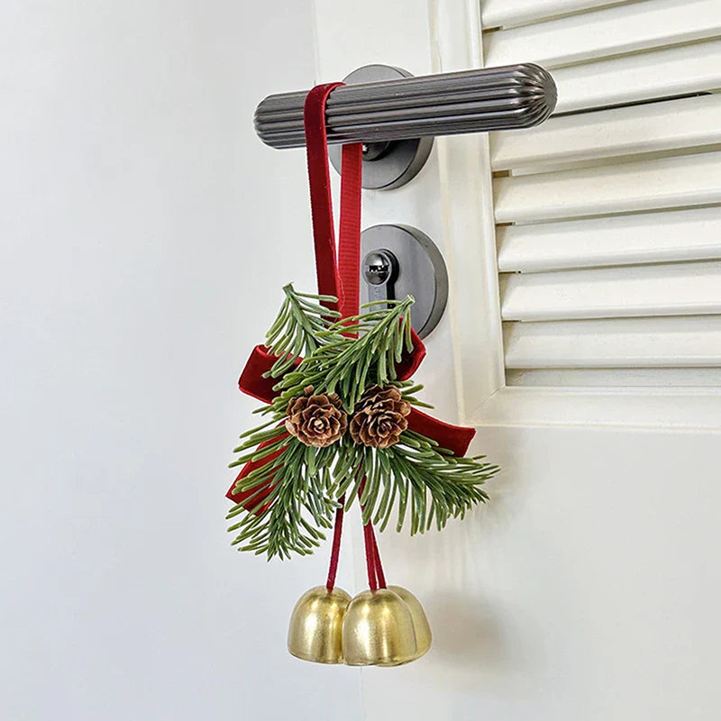 Christmas Jingle Bell Door Hanger – Velvet Bow & Pine Cone Ornament