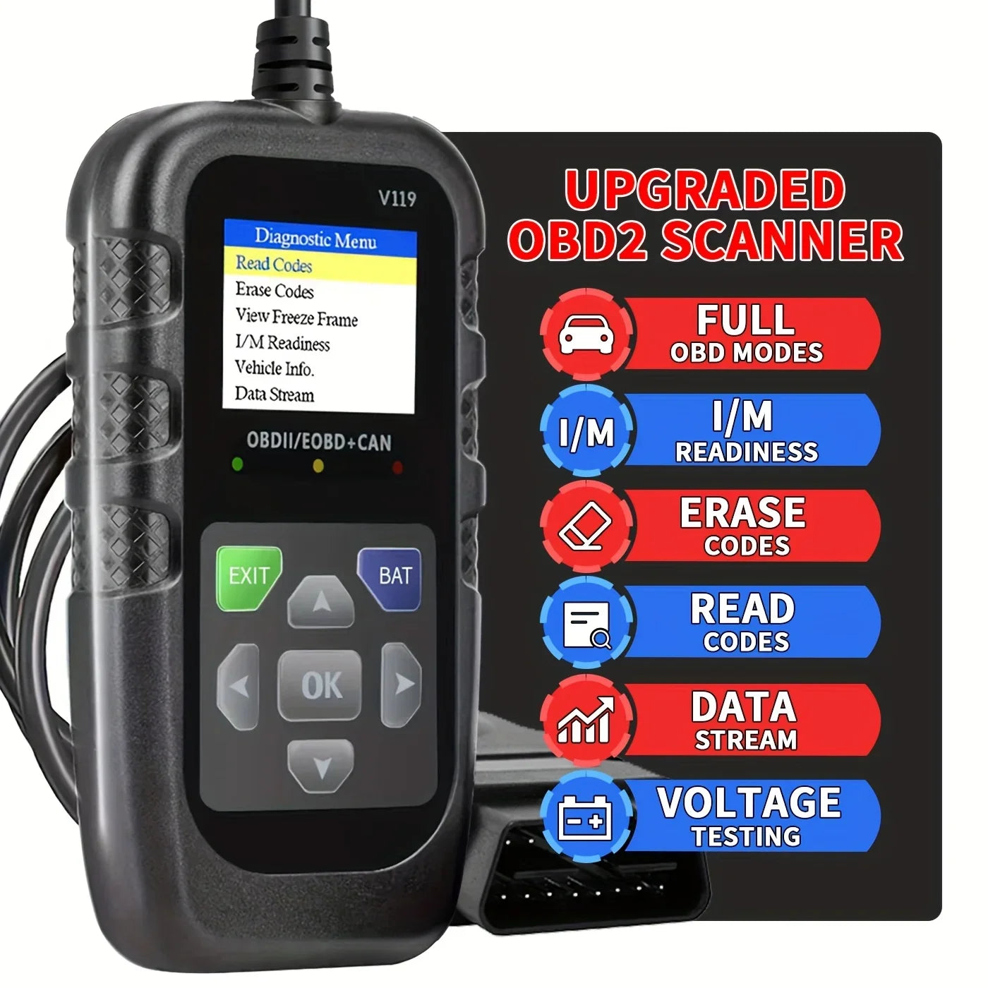 Obd2 Car Diagnostic Tool V119 - Engine Fault Code Reader and Diagnostic Tool, Compatible with All Vehicles since 1996, Supports up to 36V, No Batteries Required Peaceful Pleasures Health and Wellness black