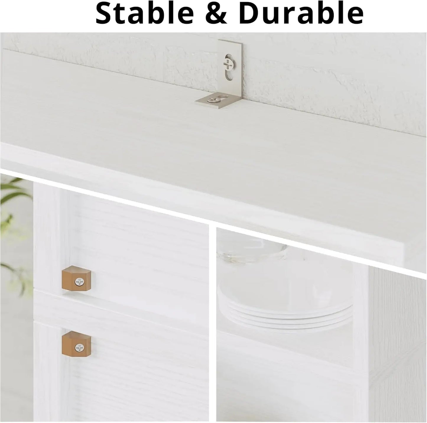 Close-up of a white cabinet with wooden knobs and text 'Stable & Durable' above.