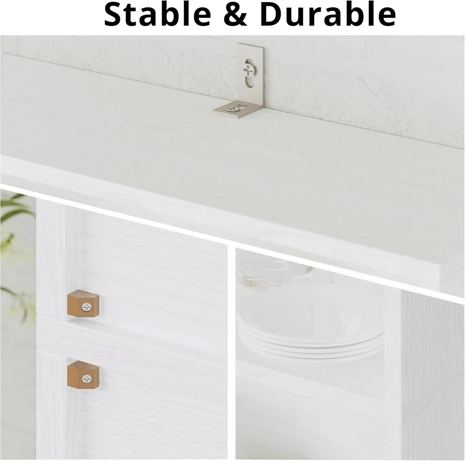 Close-up of a white cabinet with wooden knobs and text 'Stable & Durable' above.