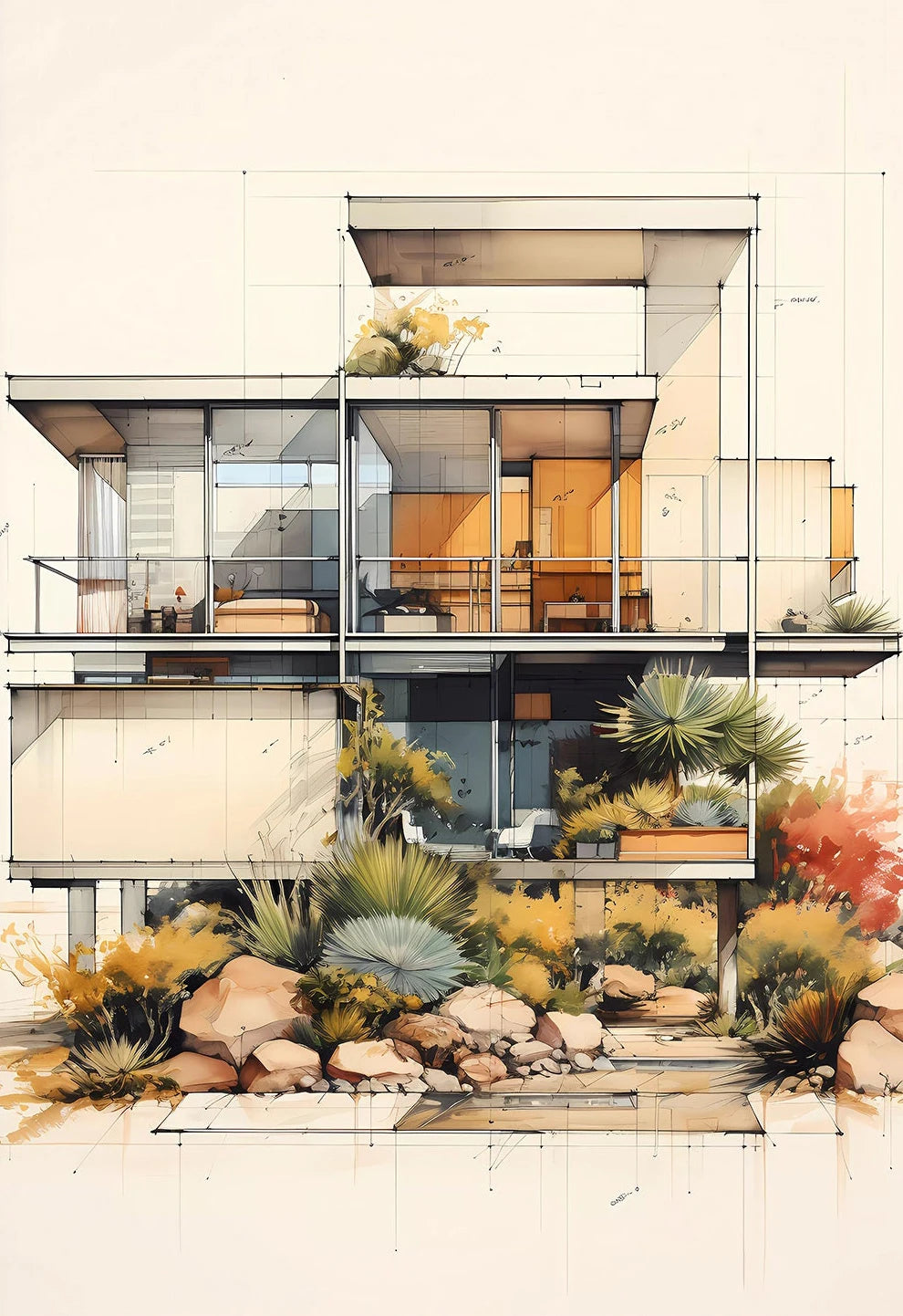 Fallingwater Bauhaus Architecture Abstract Canvas Wall Art Print