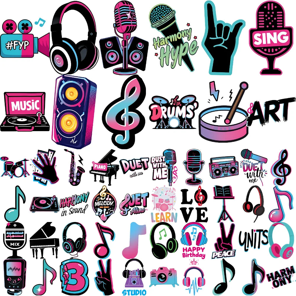 63-Pack Music Cartoon Temporary Tattoos – Waterproof Stickers