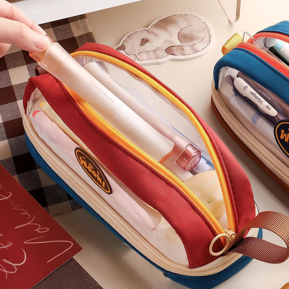 Transparent Contrasting Retro Pencil Case Student Stationery Storage