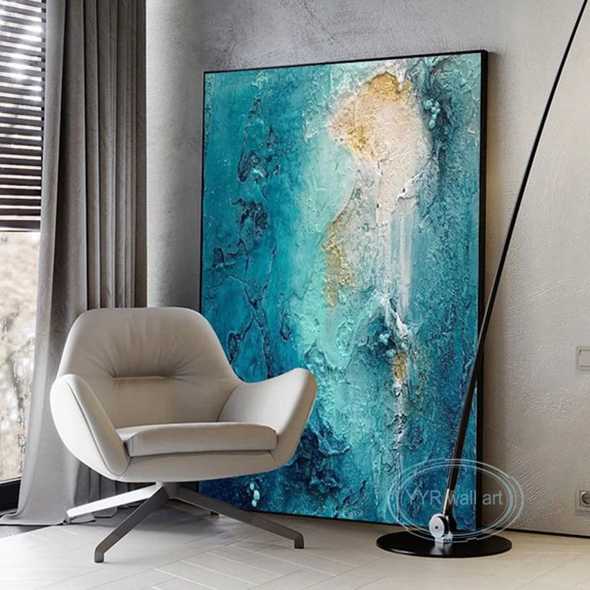 Custom Blue Abstract Wall Art Canvas Posters, Large Texture Mural, Handmade Oil Painting, Living Room, Bedroom, Porch, Home Deco Peaceful Pleasures Health and Wellness