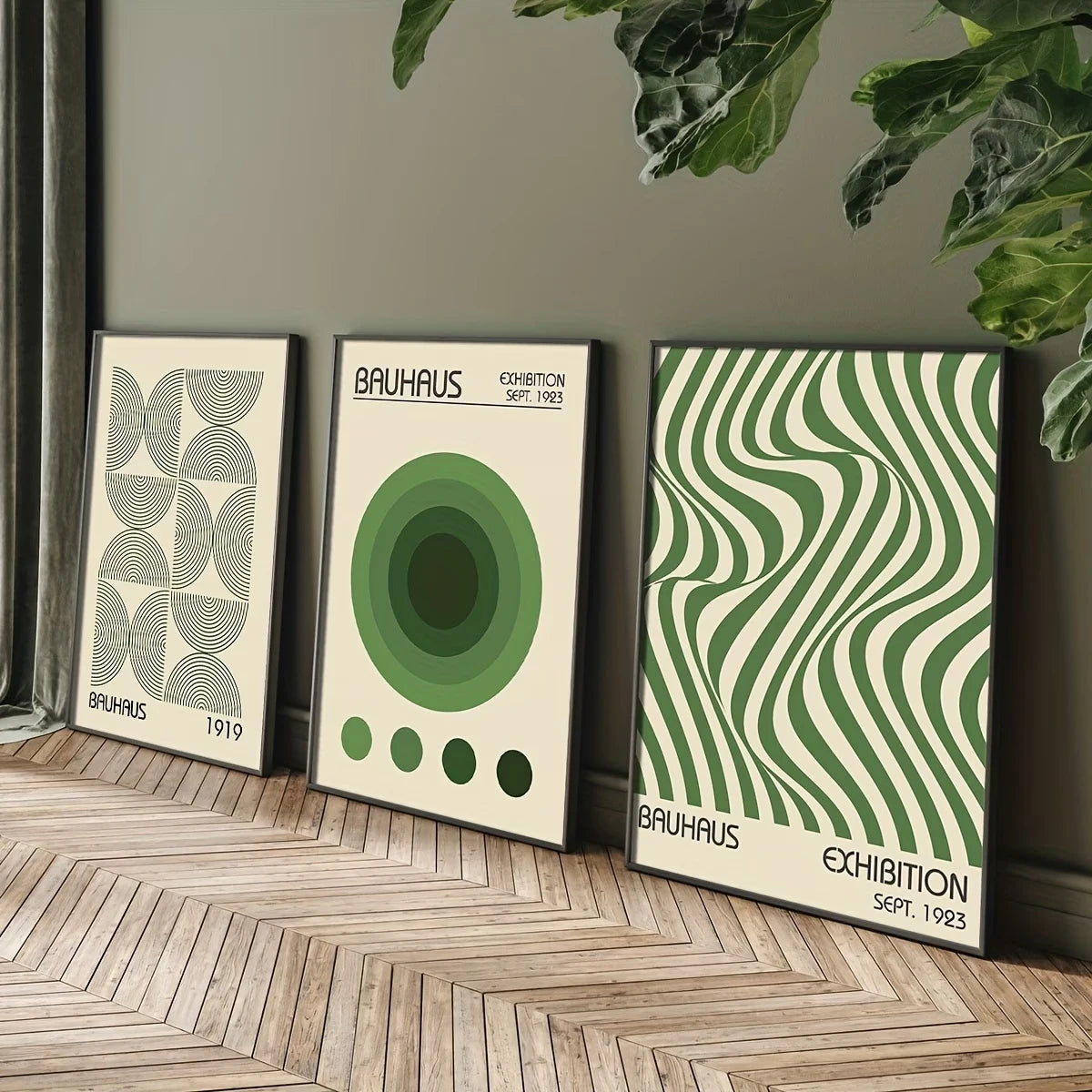 3-Piece Minimalist Green Bauhaus Canvas Wall Art Set