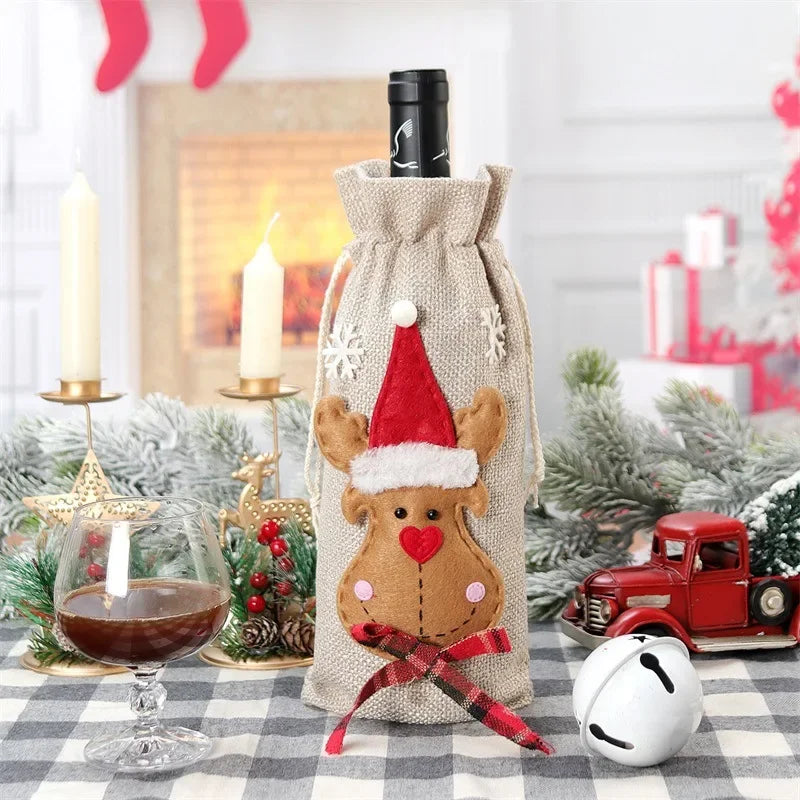Xmas Snowman Santa Claus Wine Bottle Gift Packaging Jute Bag Pouch Burlap Christmas Wine Bottle Cover Bag Christmas Decorations Peaceful Pleasures Health and Wellness