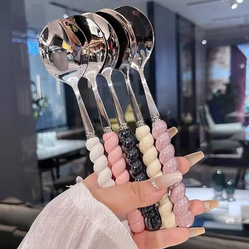 2026 New 304 Stainless Steel Spoon Girl Pearl Five-color Imitation Ceramic Handle Spoons Household Long Handled Dining Spoon Peaceful Pleasures Health and Wellness