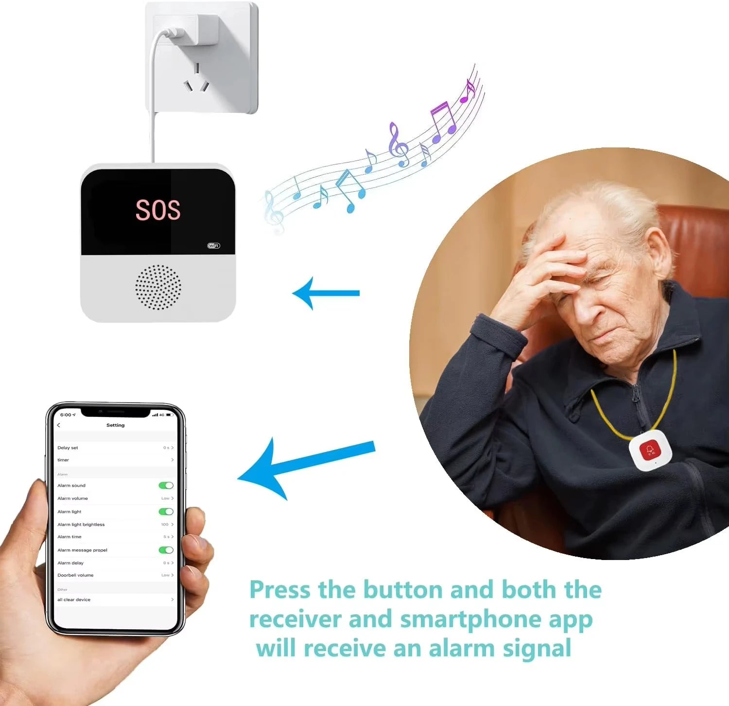 Wireless WiFi Caregiver Pager SOS Emergency Call Button Medical Alert System for Seniors Patients Elderly At Home Peaceful Pleasures Health and Wellness