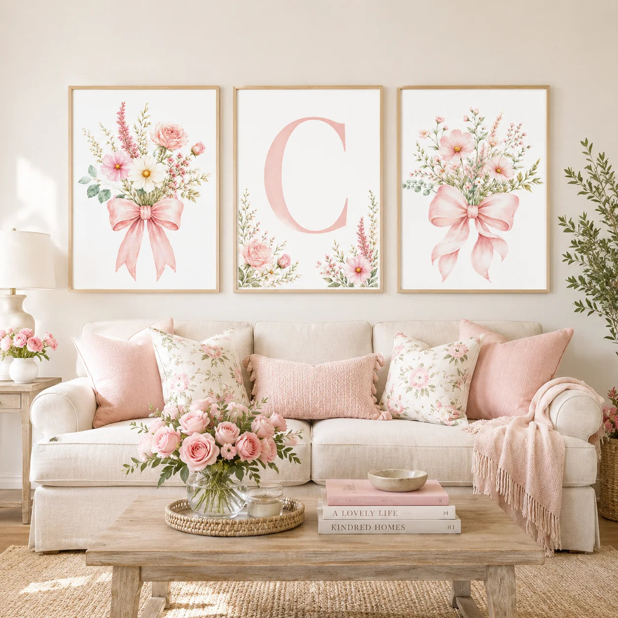 Floral Alphabet Wall Art Custom Letter Canvas Painting Pink Flower Poster Print Nursery Wall Decor Peaceful Pleasures Health and Wellness