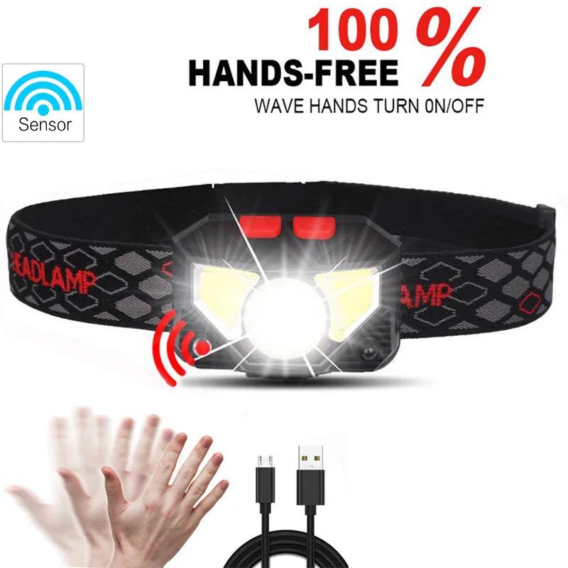 LED Sensor Headlamp USB Rechargeable – 8 Modes, Waterproof
