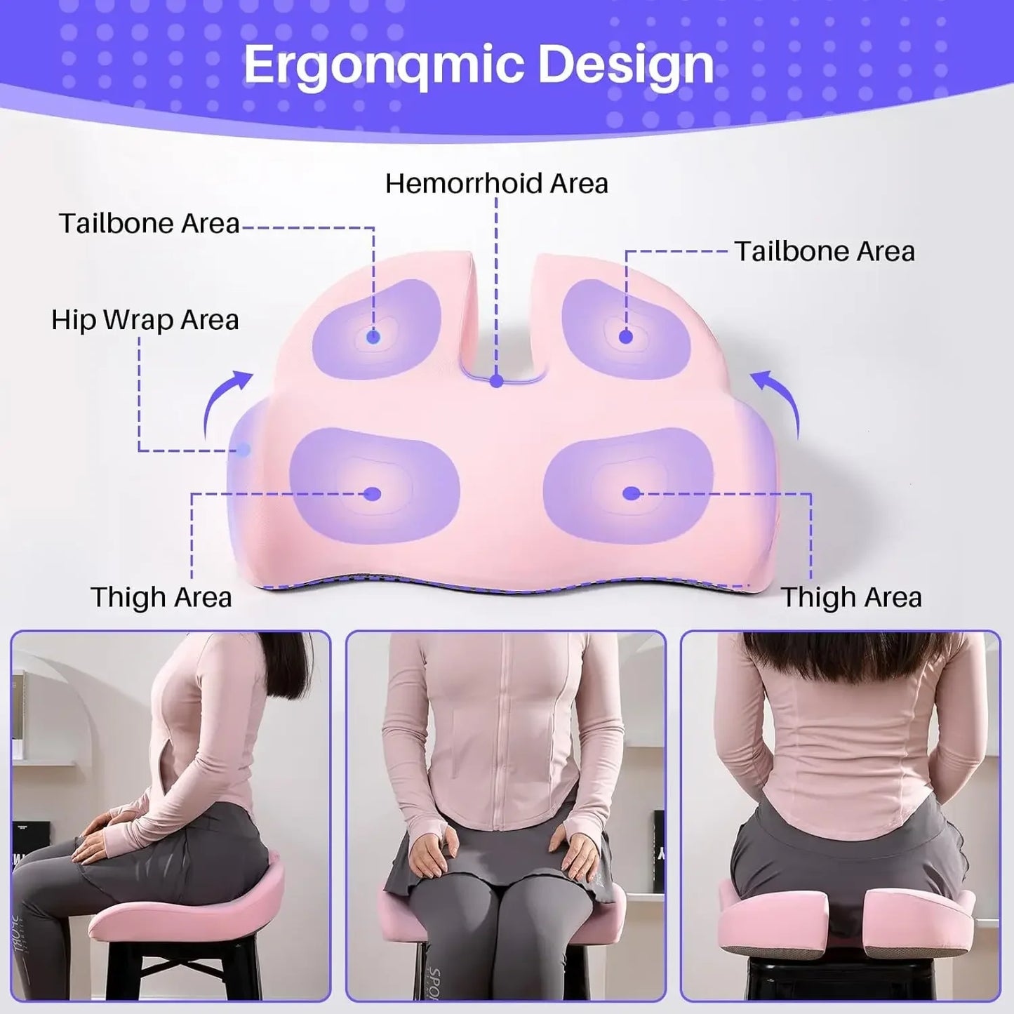 Large Memory Foam Seat Cushion for Office Chair, Car & Wheelchair - Tailbone Pain Relief & Back Support in Pink Peaceful Pleasures Health and Wellness