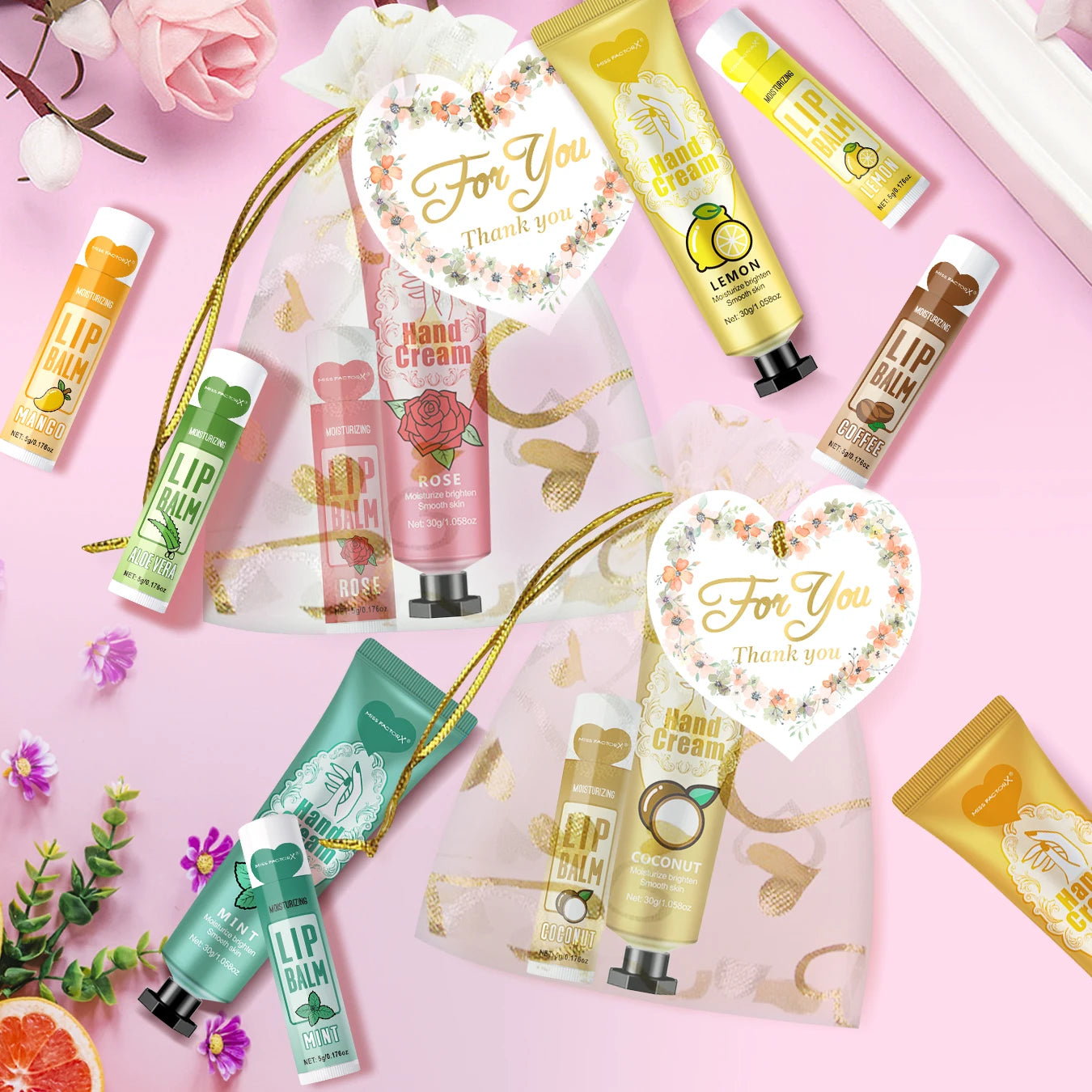 12 Hand gift Hand cream and lip balm set Friends Party Gift with love net bag and thank you card Holiday gift Peaceful Pleasures Health and Wellness
