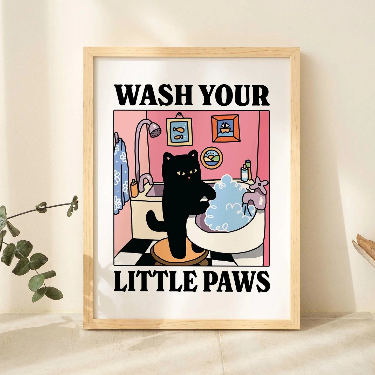 Kawaii Wash Paws Cat Canvas Print | Bathroom & Nursery Wall Art