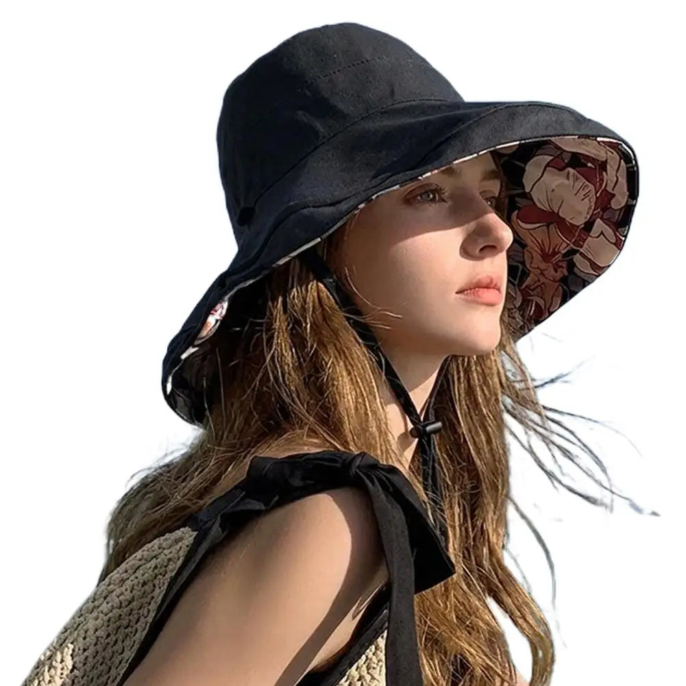 Double-Sided Printed Sun Hat Dual-Style Reversible Wear Sun Protection Windproof Rope Flower Print Wide Brim Fisherman Hat Women Peaceful Pleasures Health and Wellness Black
