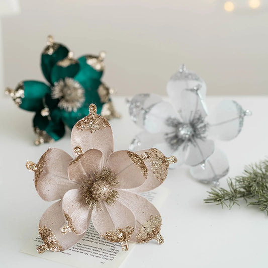 20cm Glitter Magnolia Christmas Flower Pick – Pink Sequin Christmas Flower Pick Oasis Select