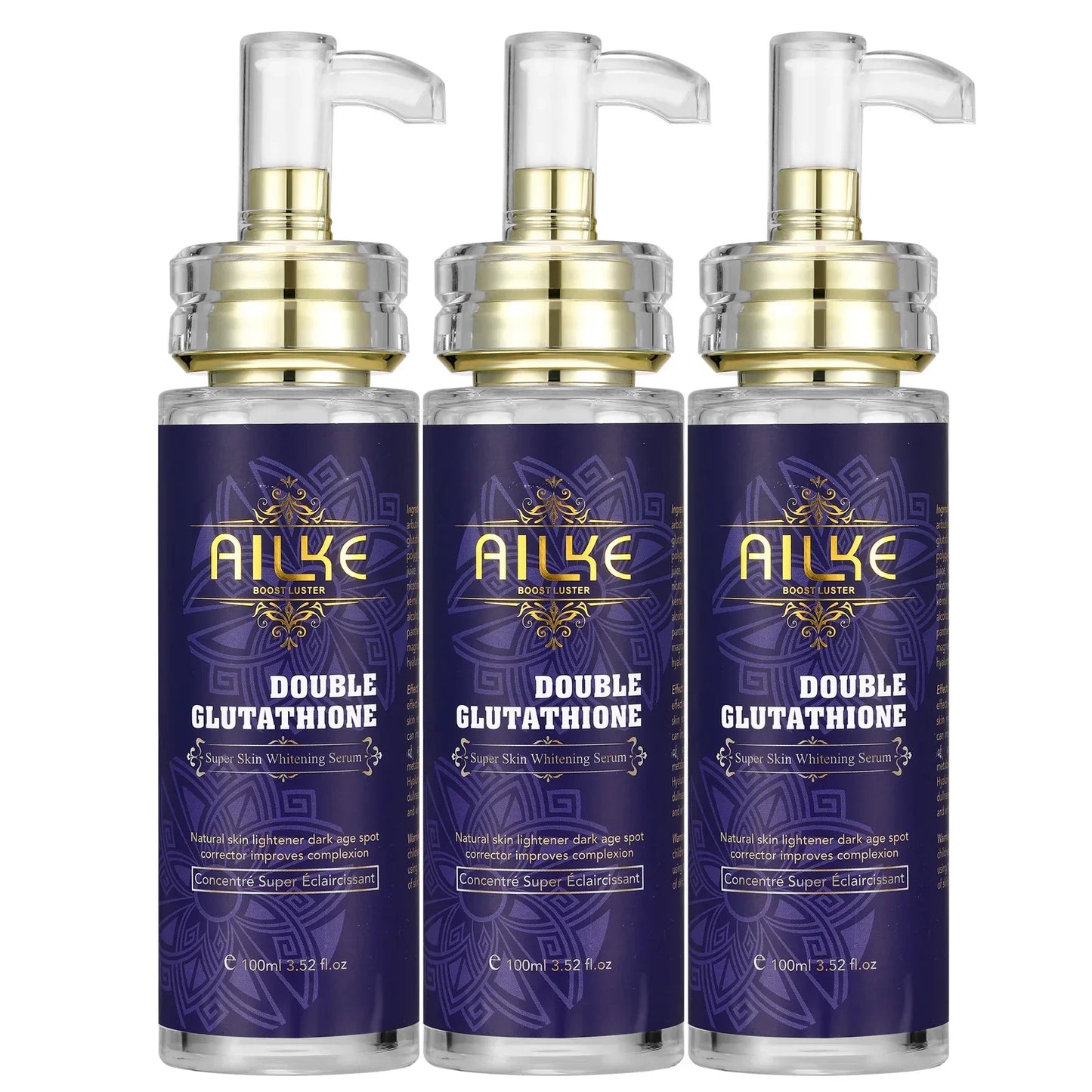 Three AILYE Double Glutathione bottles with purple labels on a white background