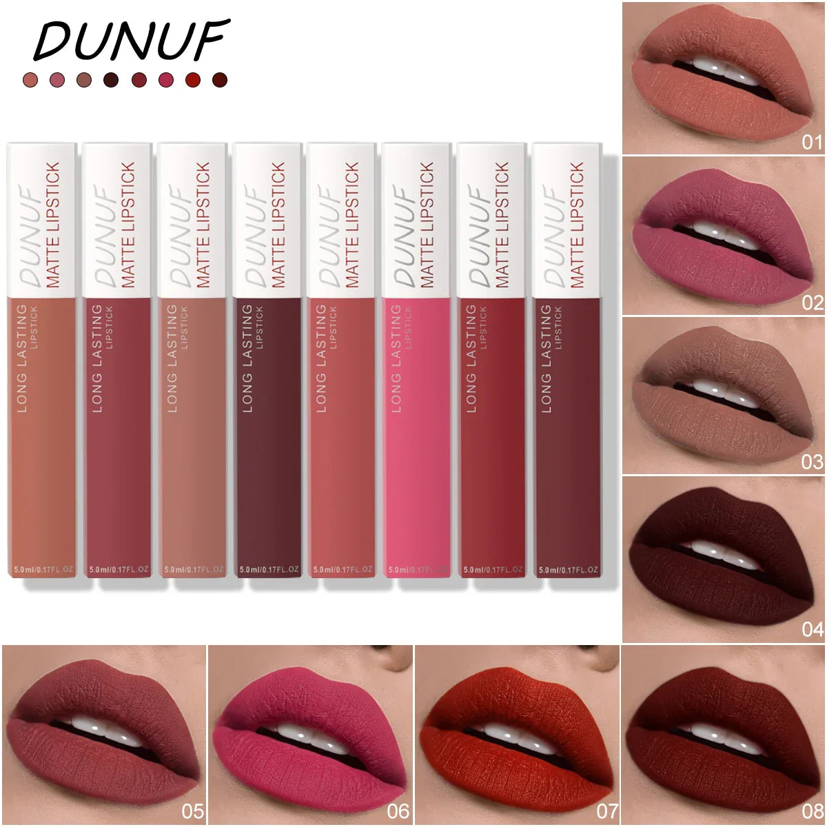 DUNUF 8-Piece Matte Lipstick Set – Waterproof Long-Lasting Nudes