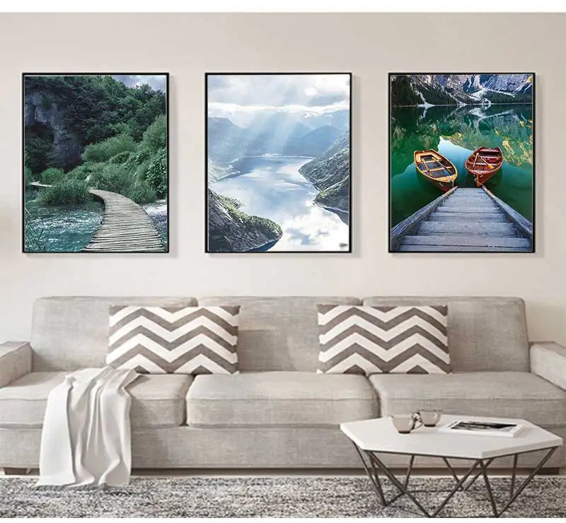 Nordic Boat Lake Mountain Canvas Wall Art | Scandinavian Print